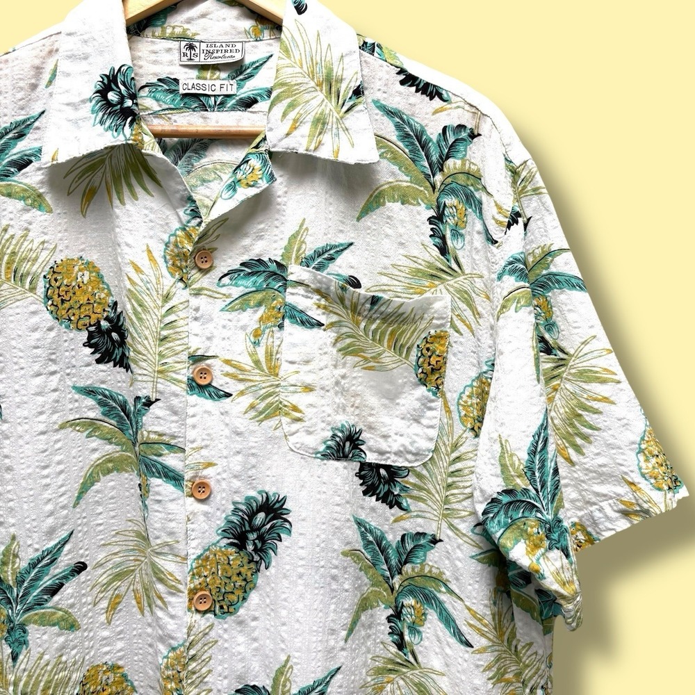 Island Inspired Resortwear Men's White Hawaiian‎ Pineapple Print Linen Shirt - Picture 2 of 6